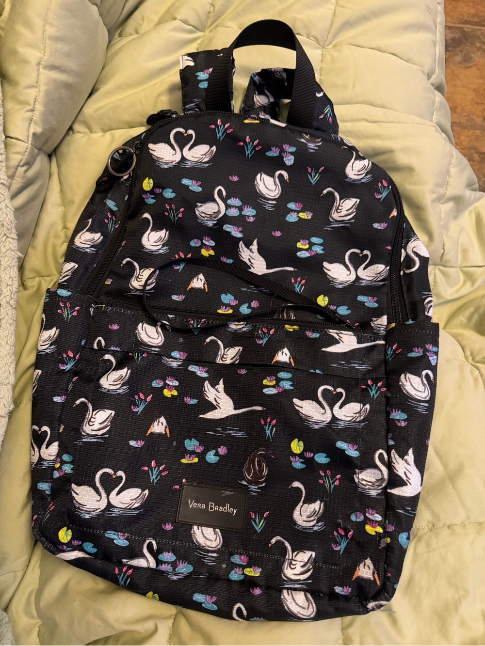 Vera Bradley Black Swan Print Backpack with Teal & Pink Accents